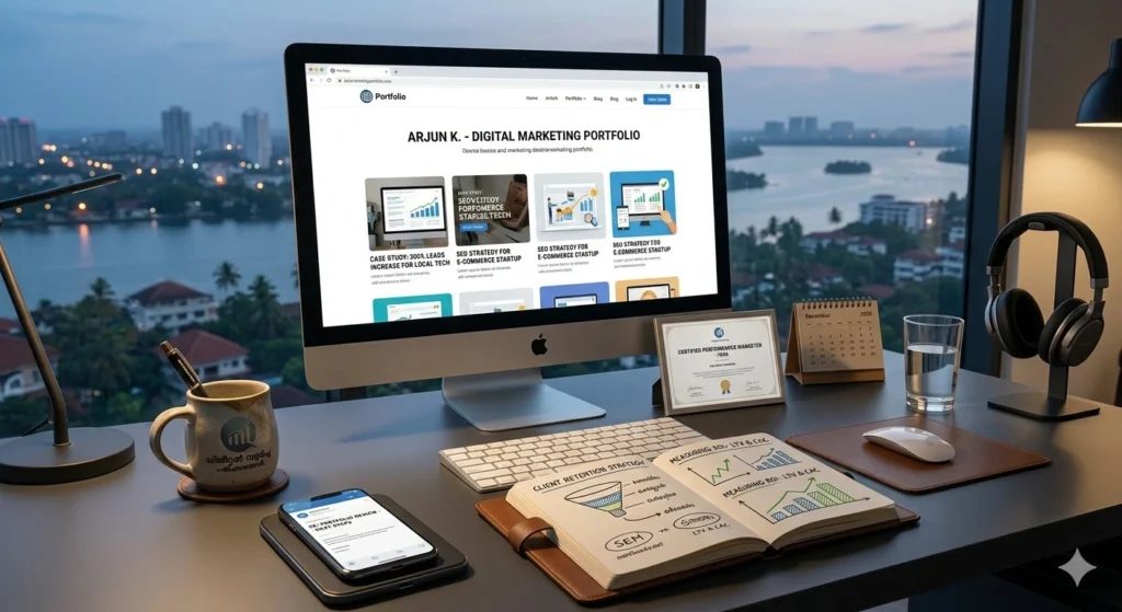 Digital marketing salary in Kerala portfolio displayed on desktop with analytics workspace setup