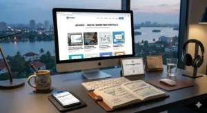 Digital marketing salary in Kerala portfolio displayed on desktop with analytics workspace setup