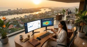 with professional workspace overlooking city viewDigital marketing salary in Kerala analysis