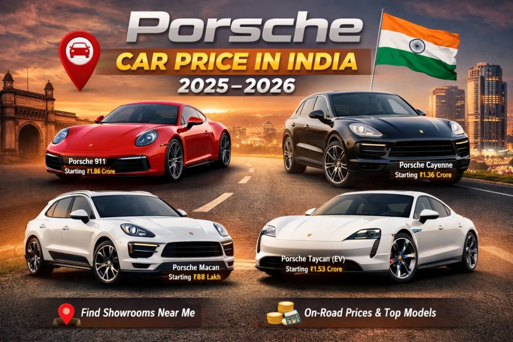 Porsche car price in India 2025–2026 featuring Macan, Cayenne, 911 and Taycan models with starting prices